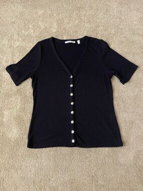 Cyrus Short-Sleeve Black Ribbed Cardigan Silver Buttons Women's Size L